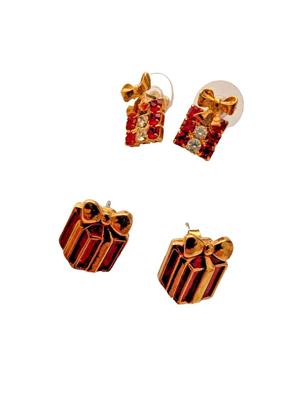 2 pair holiday present gift sparkle stud earrings red gold bows fresh backings